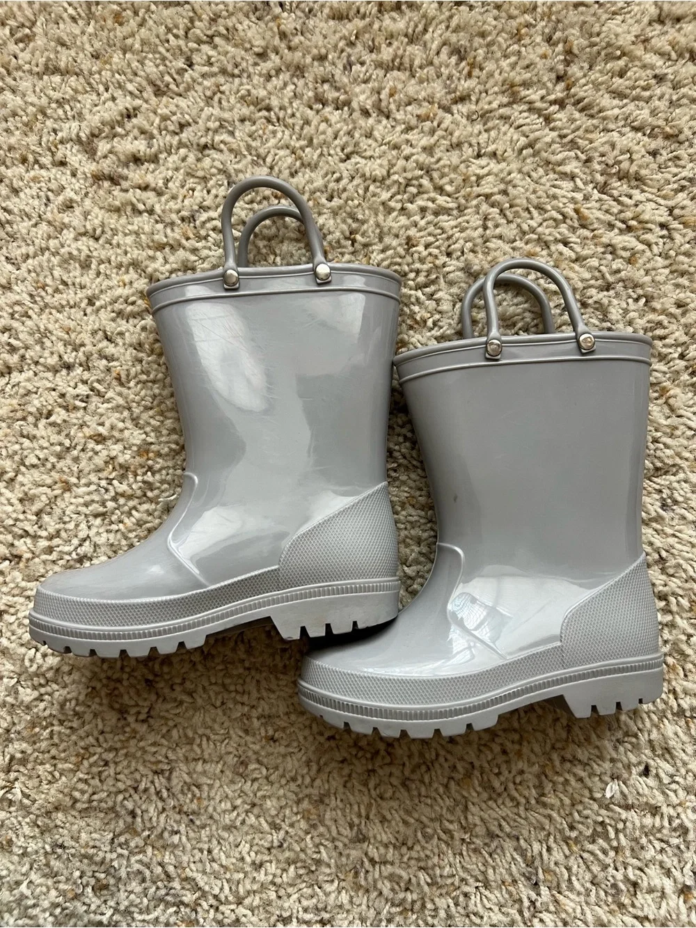 Glossy Light Gray Rain Boots with Pull Handles